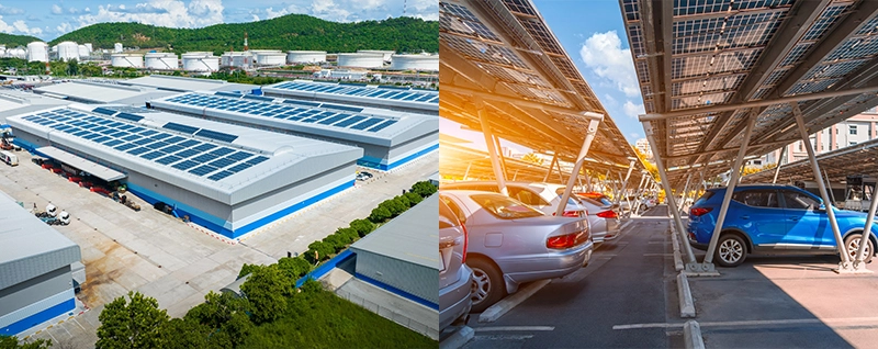 Parking d’entreprise avec ombrières solaires et technicien inspectant une toiture photovoltaïque