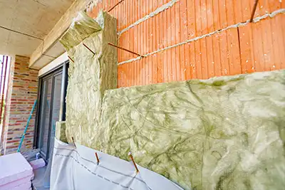 Laine de roche fixée sur une façade en briques rouges wallonnes par chevilles métalliques en attente de l'enduit épais
