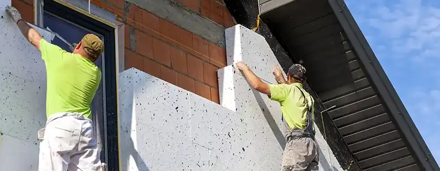Deux ouvriers professionnels en équipement de sécurité posent des panneaux d'isolation thermique en polystyrène expansé sur une façade en briques rouges, illustrant un chantier d'isolation des murs par l'extérieur (ITE) en Belgique