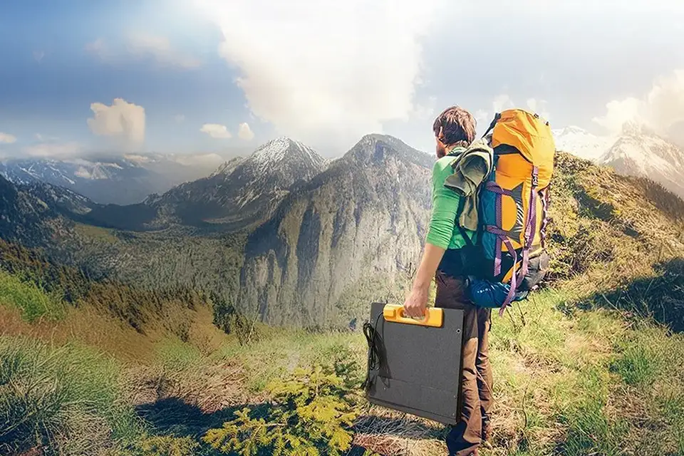 Aventurier en montagne avec panneau solaire portable Kodak® — autonomie totale en pleine nature
