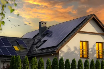 Installation de panneaux solaires sur la toiture inclinée d'une villa résidentielle en Wallonie